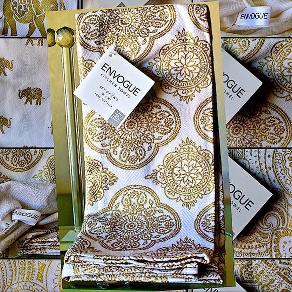 ENVOGUE KITCHEN TOWEL SET OF TWO GOLD DESIGN LARGE - Picture 1 of 4
